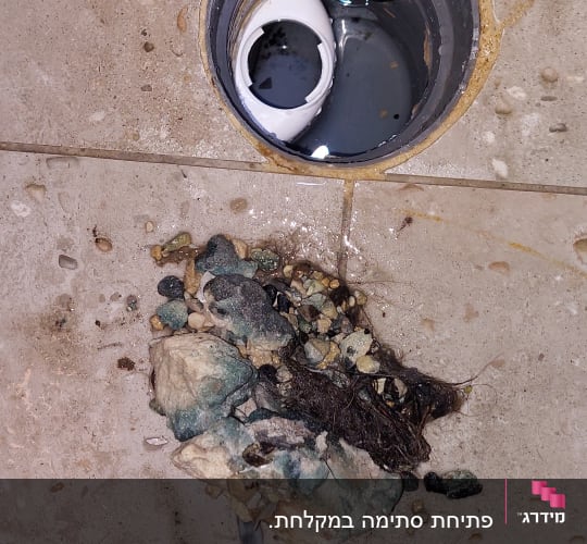 פתח ניקוז עם סתימה של אבנים ושיער